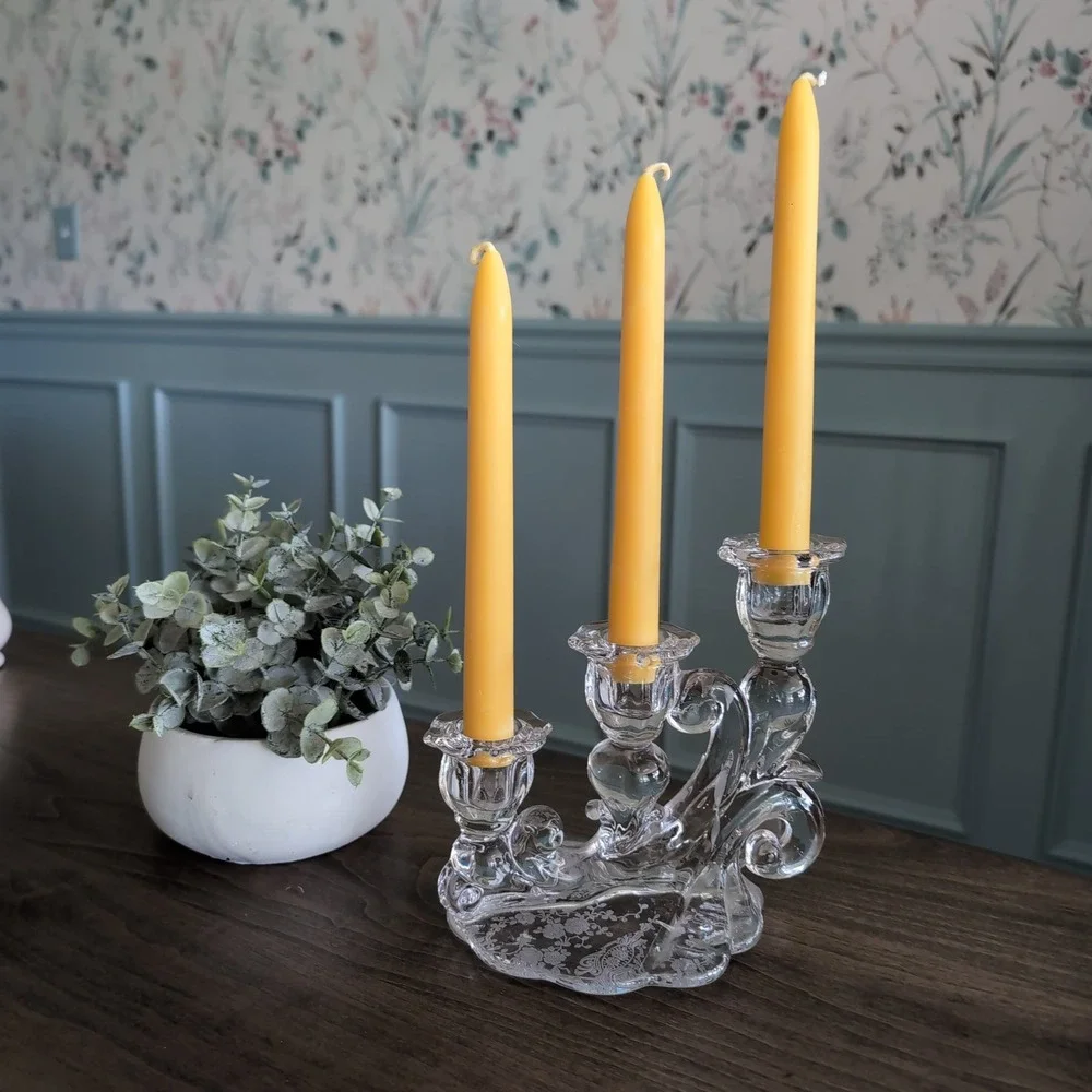 Vintage Cambridge Rose‎ Point Glass Candelabra Pair 3 Tier Etched Candlesticks
